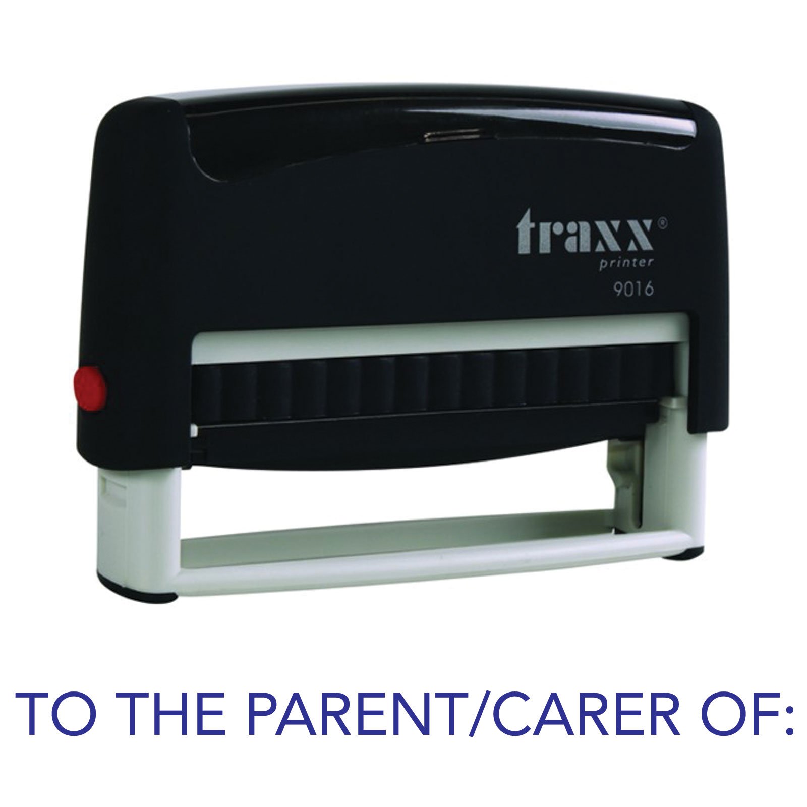Traxx 9016 70 x 10mm - Stock Self-Inking School Rubber Stamp - to The Parent/Carer of Stamp in Blue Ink โ image 1