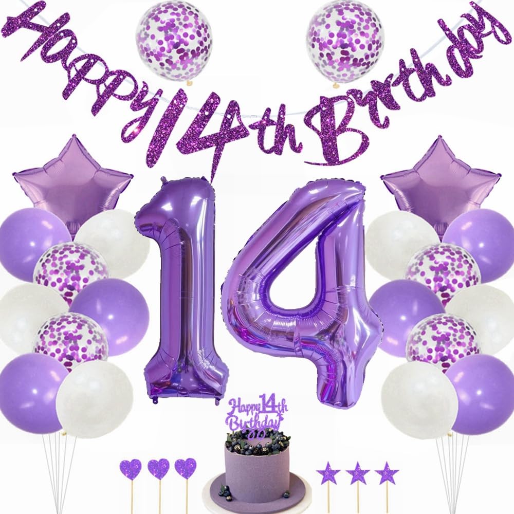 Kiwochy Lila 14 Geburtstag Deko Mädchen 14 Geburtstag Dekoration Lila Tortendeko Geburtstagsdeko 14 jahre Luftballons Nummer 14 Folienballon