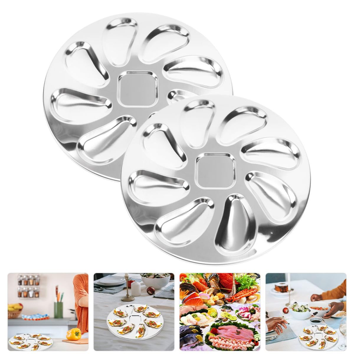 BESPORTBLE Vassoio per Ostriche in Acciaio Acciaio 2 Pezzi Piatto da Portata Multifunzione Porta Salsa Resistente all’Usura per Uso Domestico e Ristoranti Accessorio Cucina per Molluschi