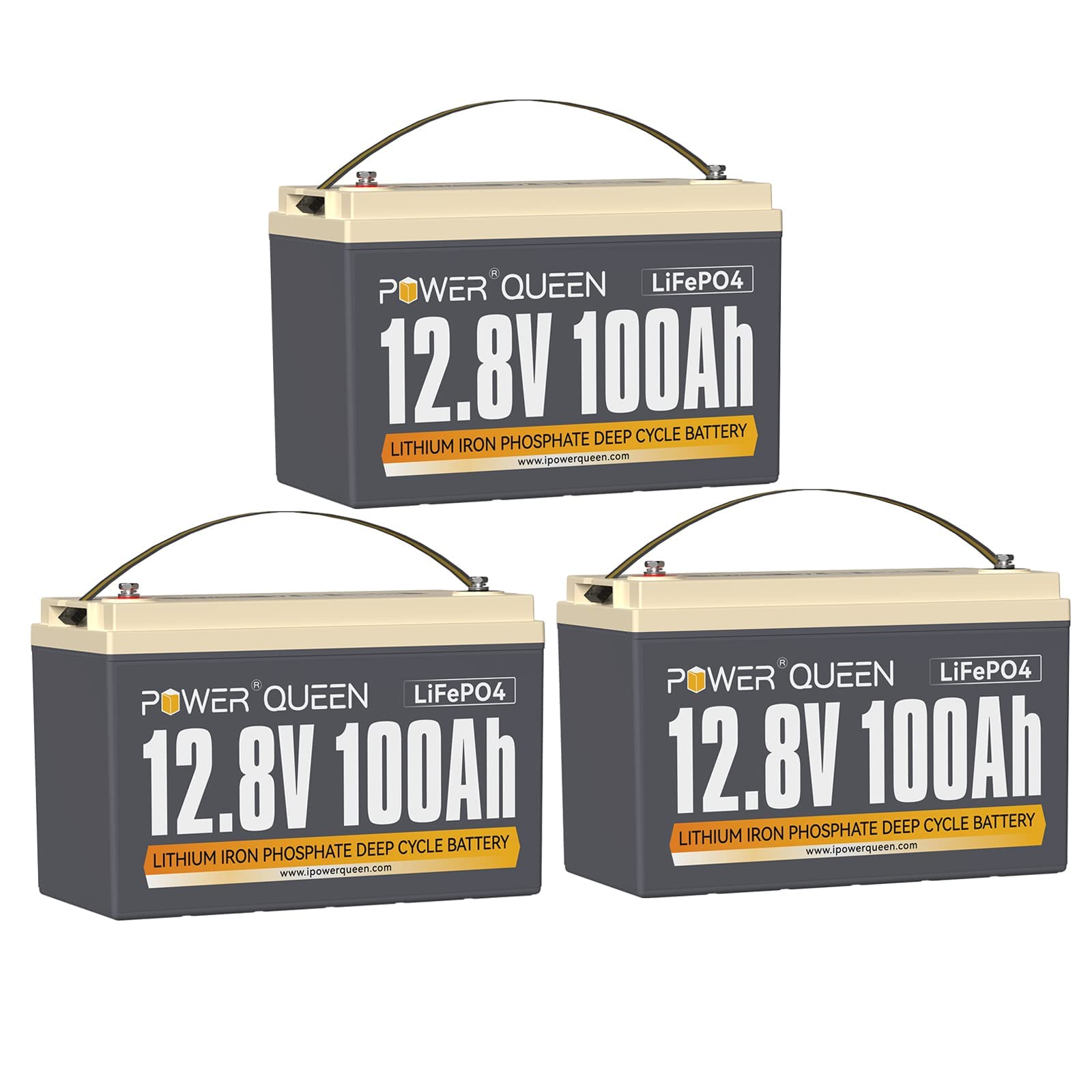 Power Queen 12V 100Ah LiFePO4 Batteria a ciclo profondo (Confezione da 3), potenza di carico 1280 Wh, BMS 100A, Batteria da 4000-15000 cicli e durata di 10 anni, per camper, impianto solare, barca