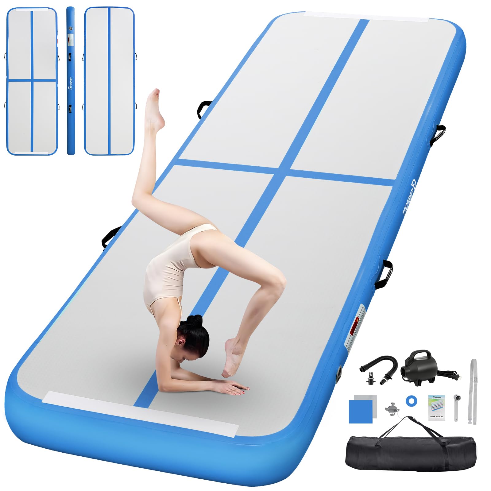FBSPORT Airtrack Matte,10/20cm Hoch Verdicken 2/3/4/5/6/ M Tumbling Matte,Gymnastikmatte mit Luftpumpe,Trainingsmatte mit Tragetasche,Turnmatte für Zuhause, Outdoor,Yoga, Übungsgymnastik usw