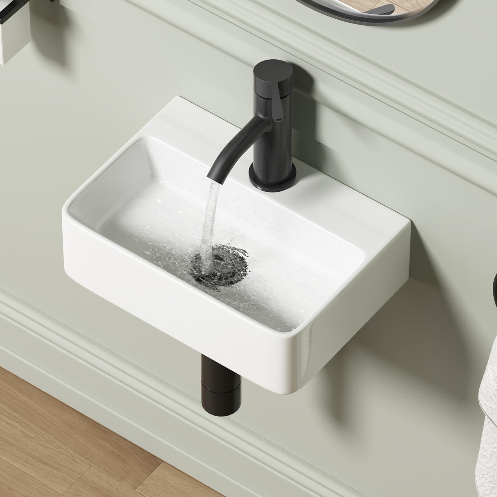 QISHKA Rectangular Floating Ceramic Wash Hand Basin Wall Mount Vanity Sink