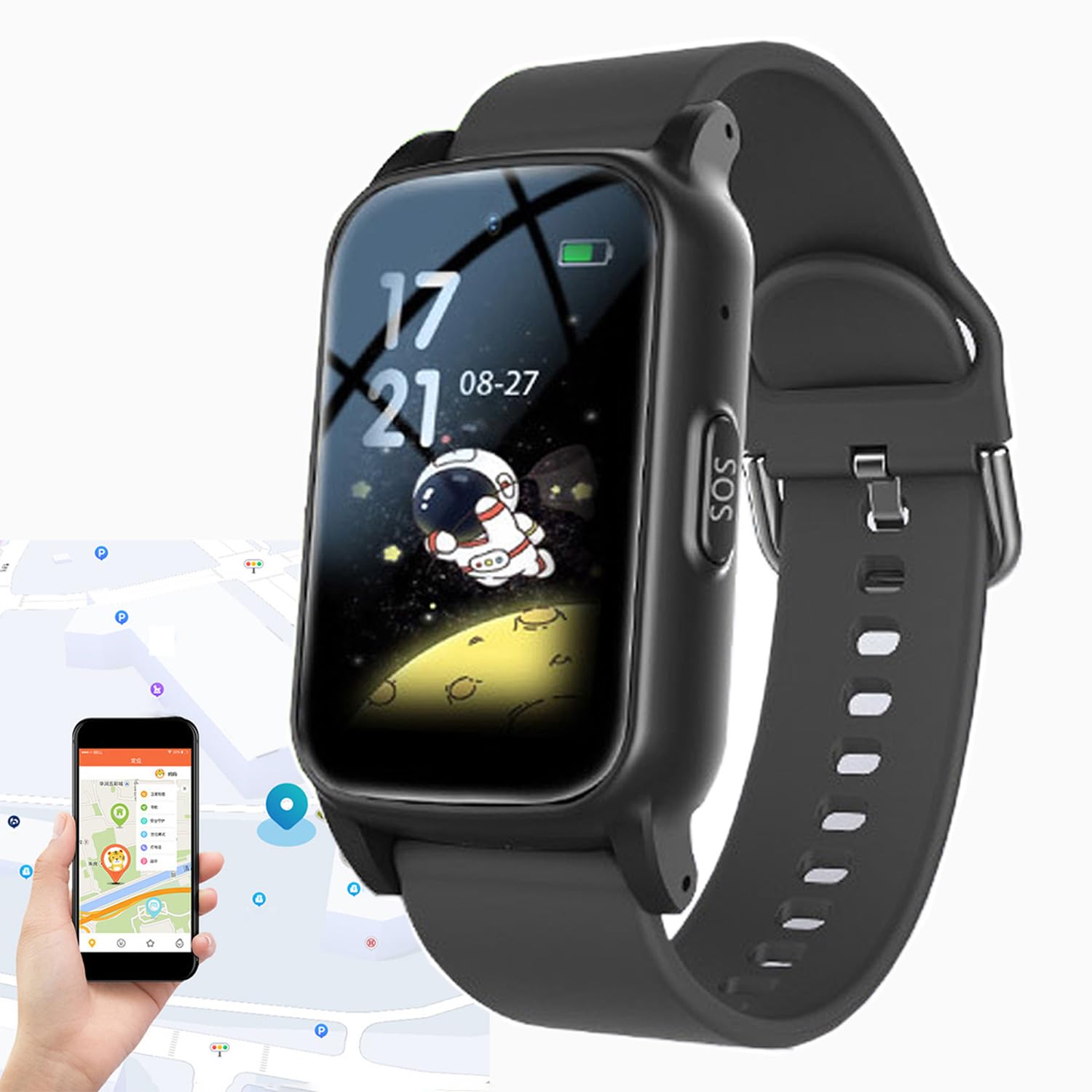 Montre Connectée avec Détecteur de Chute, Montres Intelligentes Surveillance De La Santé des Personnes Âgées, Bracelet De Positionnement GPS,Black
