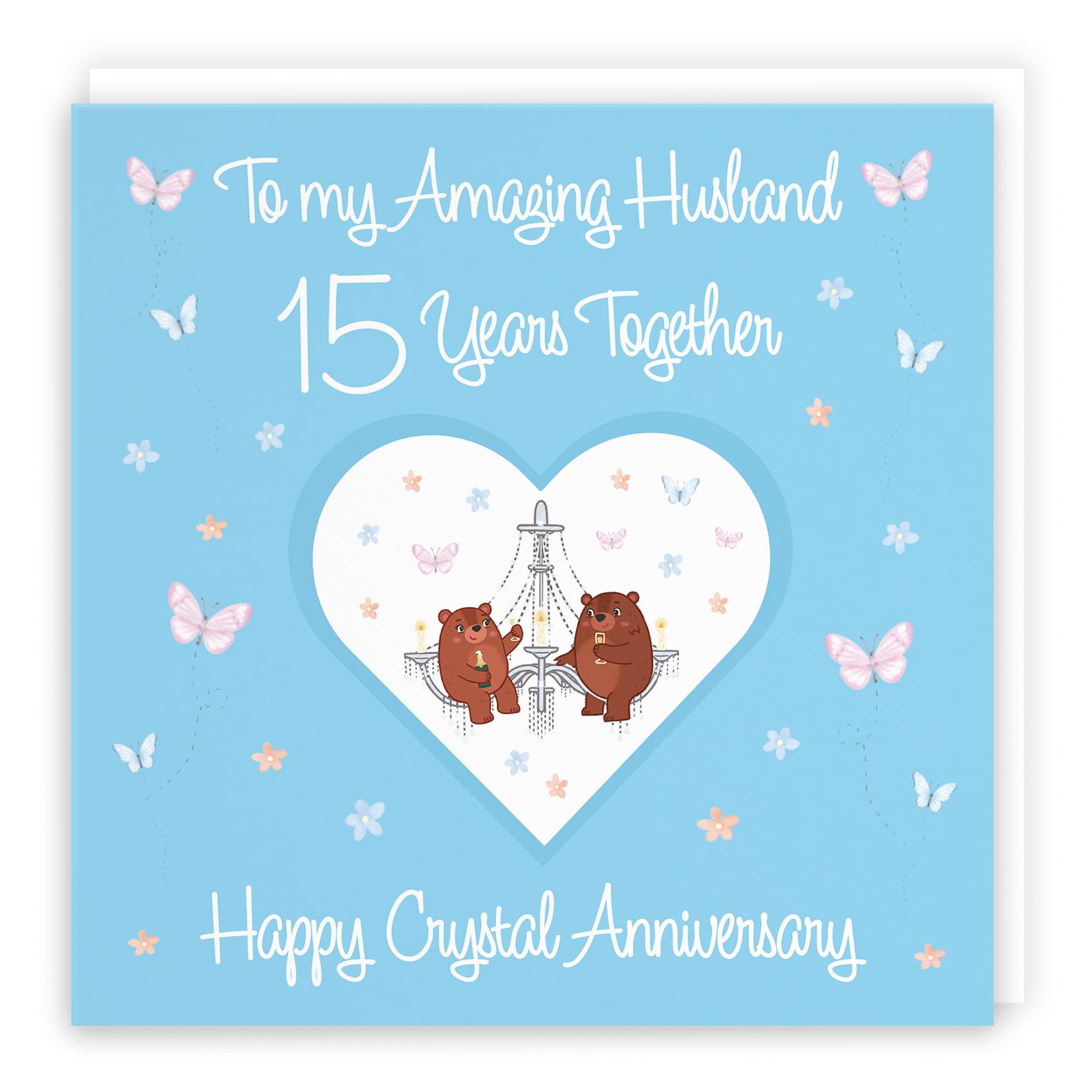 Hunts England - Large Husband 15th Anniversary Card - 15 Years - Crystal Anniversary - Romantic Meadows - Fun Card - Luxury Fifteenth Anniversary Card For Husband - 210 x 210 mm