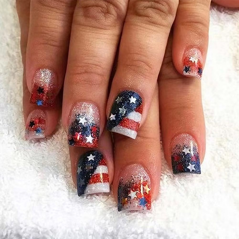 24pcs Press-On Nails - Red & Blue Gradient with Glitter