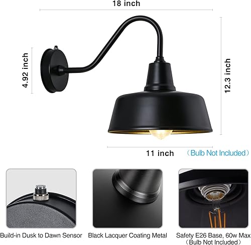 Miniatura 5 de METOJIA Lámpara de granero de cuello de cisne para exteriores, lámpara de pared de 12.7 pulgadas para granja, sensor de atardecer a amanecer, luces