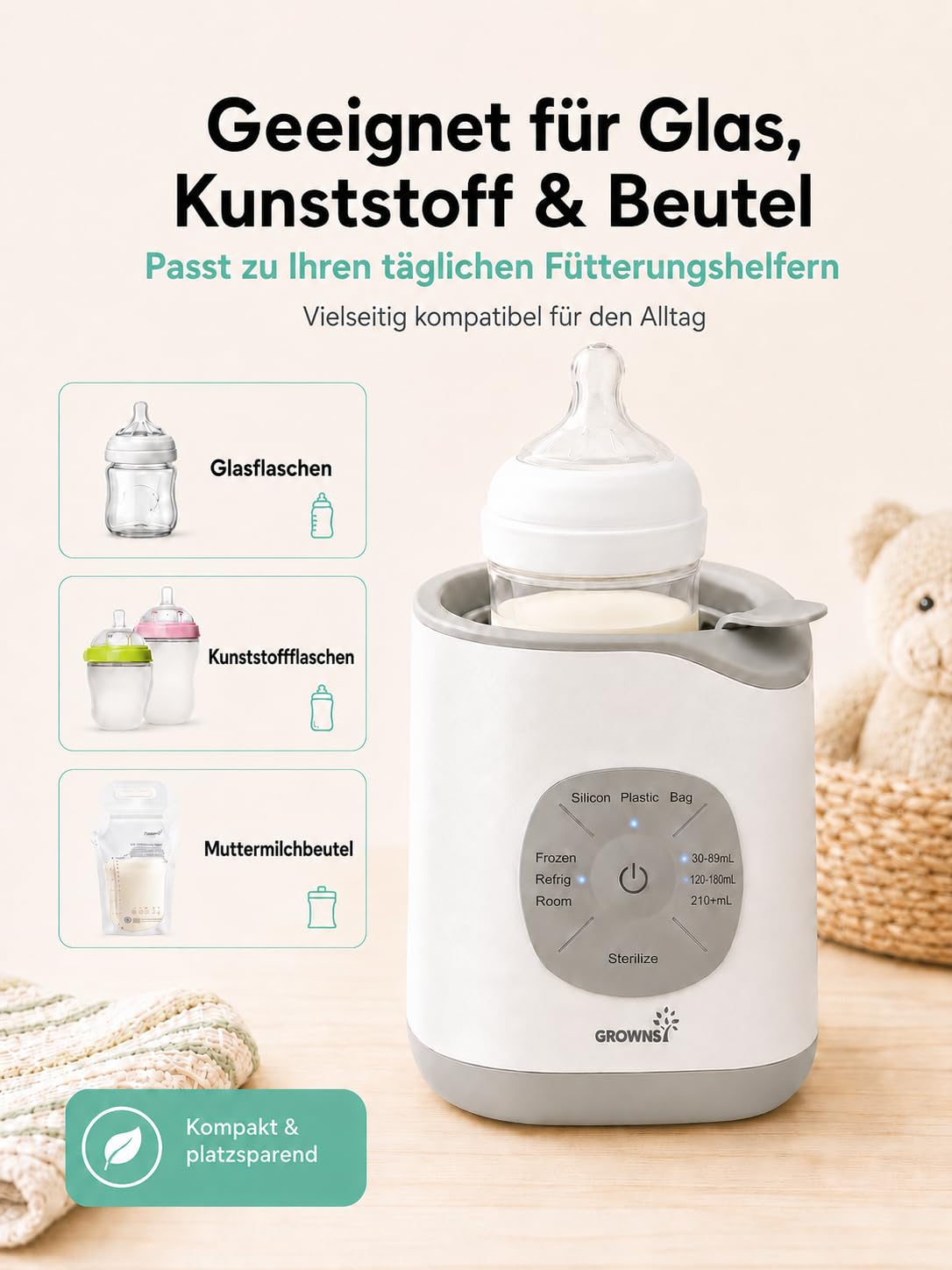 GROWNSY Intelligenter Baby Babykostwärmer, Flaschenwärmer mit Temperaturkontrolle, schneller Milchwärmer, sanftes Auftauen, Babynahrung erwärmen und Sterilisieren Babyflaschenwärmer