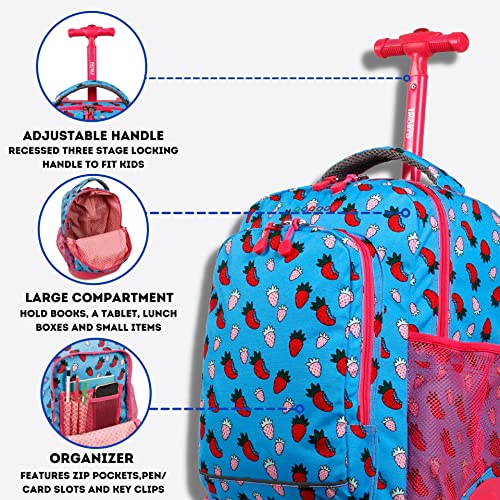 Image of J World Sunny Rolling Backpack for Kids. Roller Bag With Wheels, Strawberry