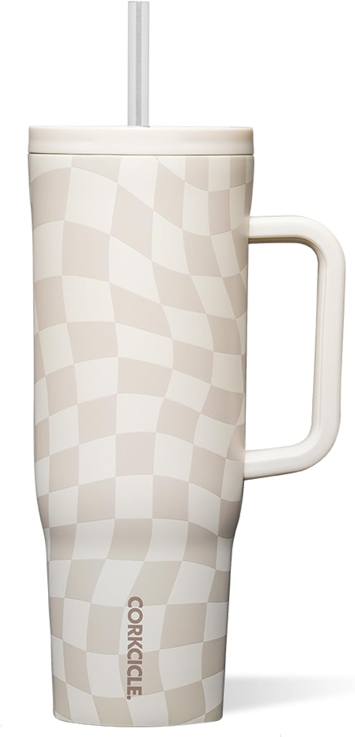 Corkcicle Cruiser - Insulated Tumbler with Handle - Keeps Drinks Cold 20 Hours - Spill-Proof Dual Lid - Triple-Insulated - Summer Drinkware Gift - Keeps Drinks Ice Cold - 40 oz - Wavy Checkerboard