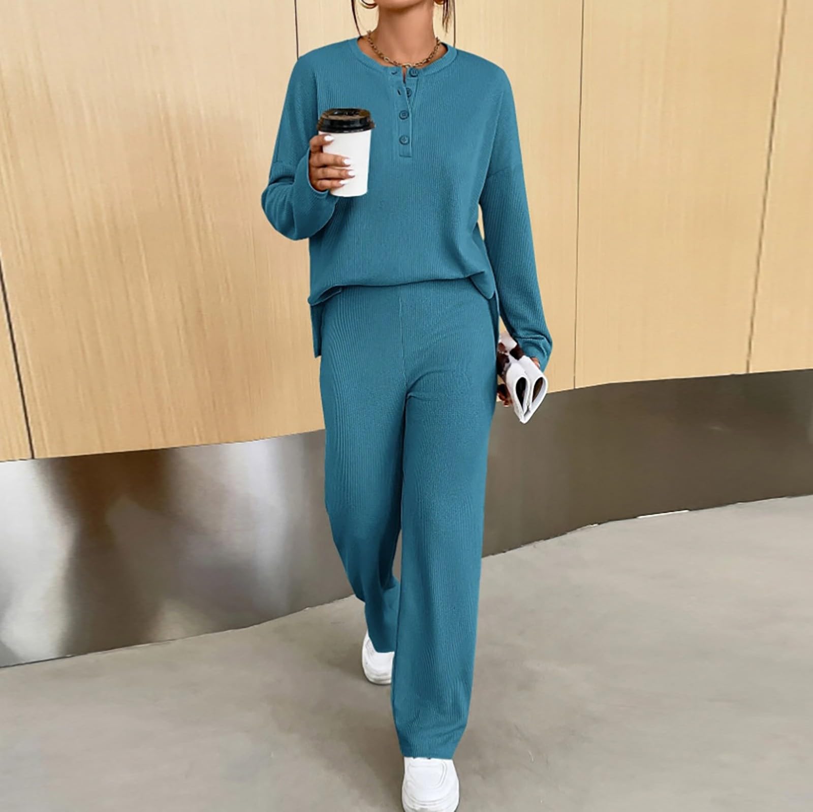 Tuta da jogging da donna senza cappuccio – Tuta da allenamento con tinta unita basic a maniche lunghe + pantaloni da jogging Baggy comodo per il tempo libero casual tuta da casa Aesthetic E-Girl