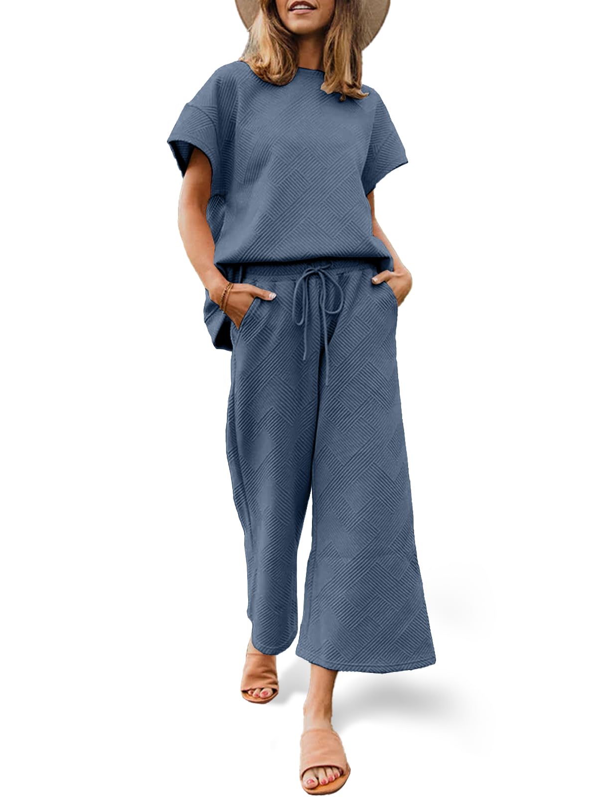 Fazortev Womens 2 Piece Outfits Sweatsuit Short Sleeve Tops and Drawstring Waist Cropped Wide Leg Pants Loungewear Sets
