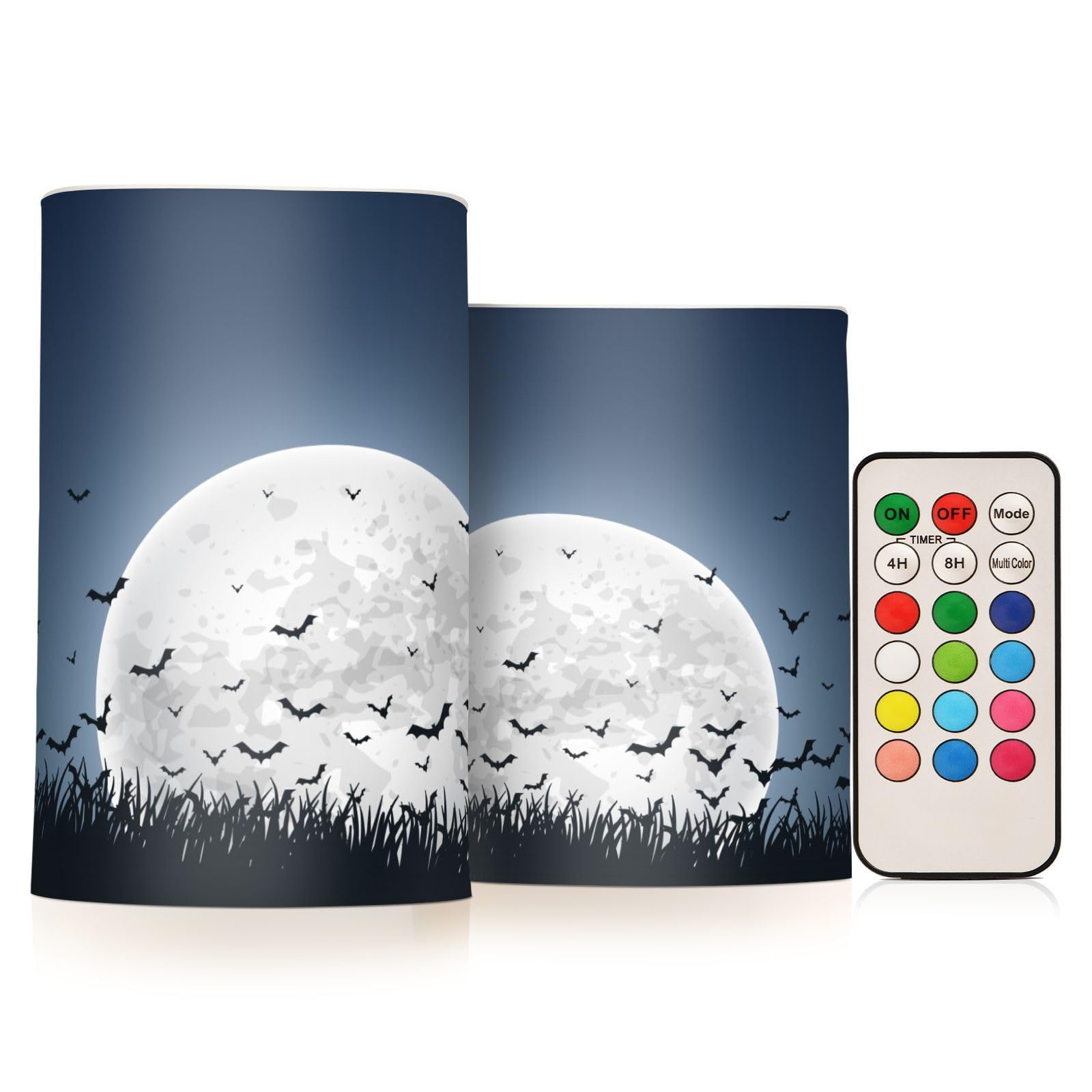 Moon-Bats-Skys Pattern Flameless Pillar Plastic Led Candles, Battery Operated with Remote/Timer Color Changing Soft Light, Set of 2 for Festival, Wedding,Home Party Decor