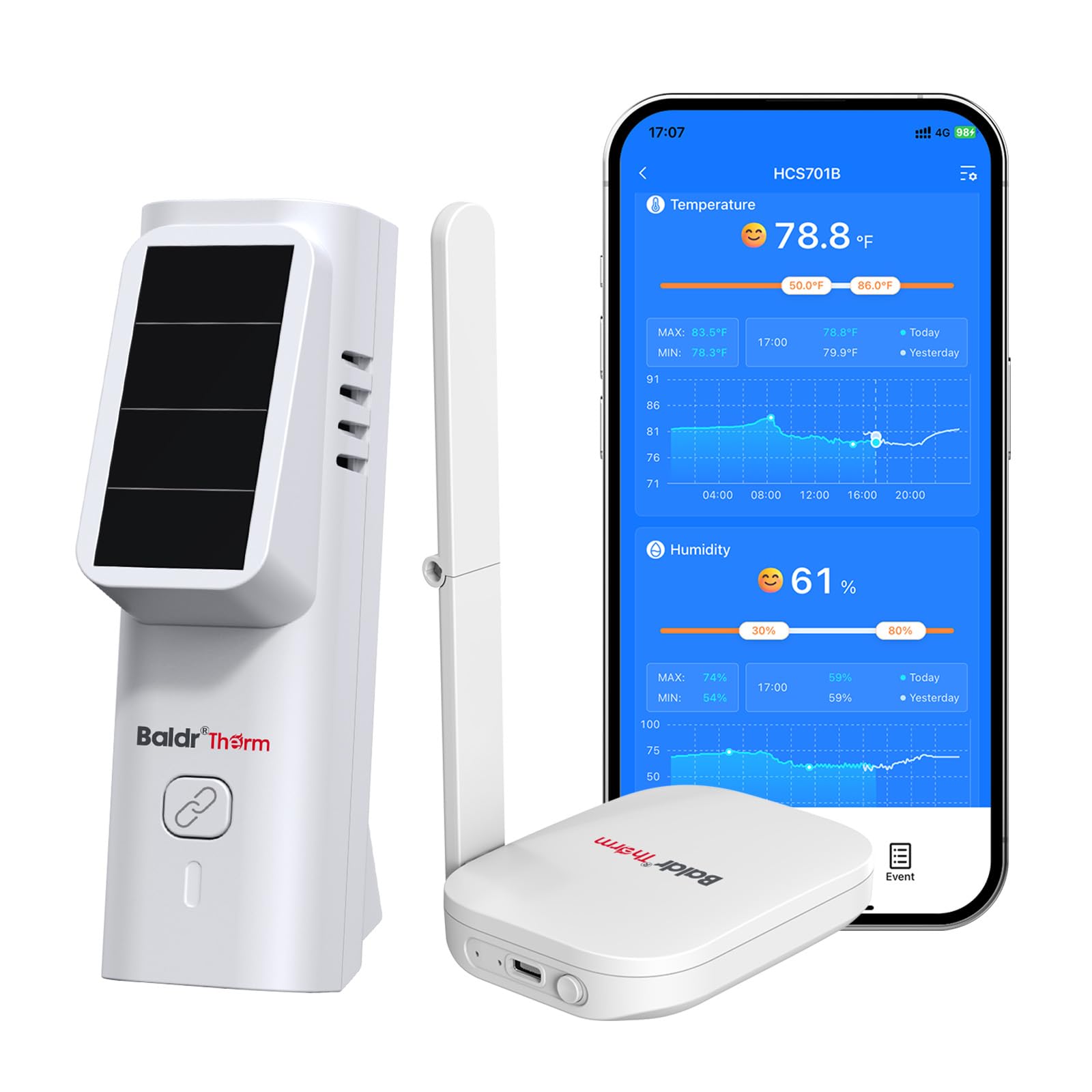 BaldrTherm Sensor de termómetro solar WiFi, humedad de temperatura inalámbrica inteligente con alerta de notificación de aplicación, almacenamiento de fecha, monitor remoto para invernadero de