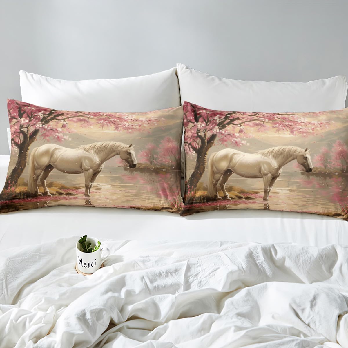 White Horse Fitted Sheet Cherry Blossom Bed Sheets Wildlife Horse Sheets for Cowboy Cowgirl Japanese Style Room Decor,Rustic Western Bedding Set,Full