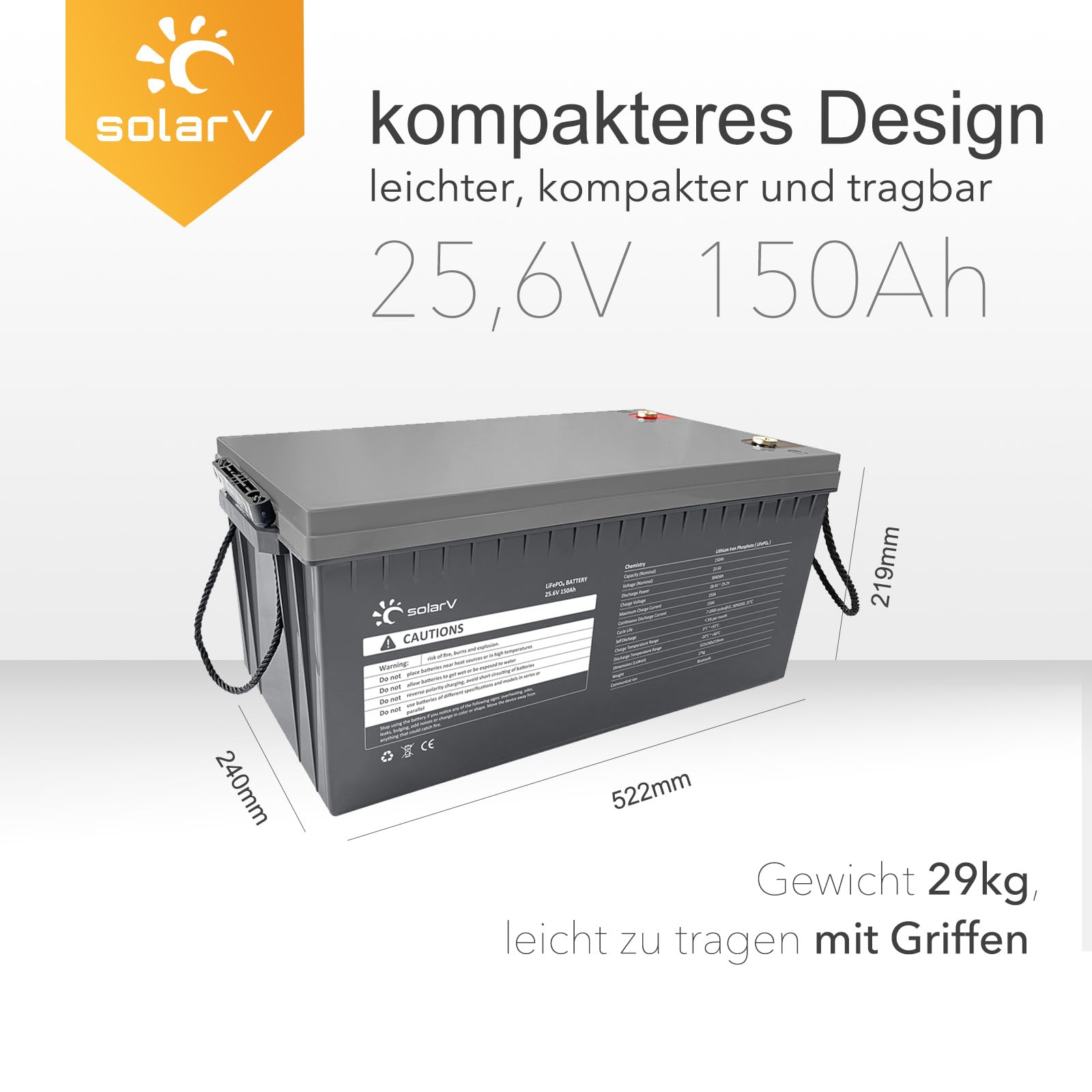 SolarV LiFePO4 akumulator 25V 150 Ah z BMS 100 A i Bluetooth do instalacji solarnych, kamperów, łodzi, domu, na kemping, 10 lat żywotności, idealny zamiennik akumulatorów ołowiowo-kwasowych AGM