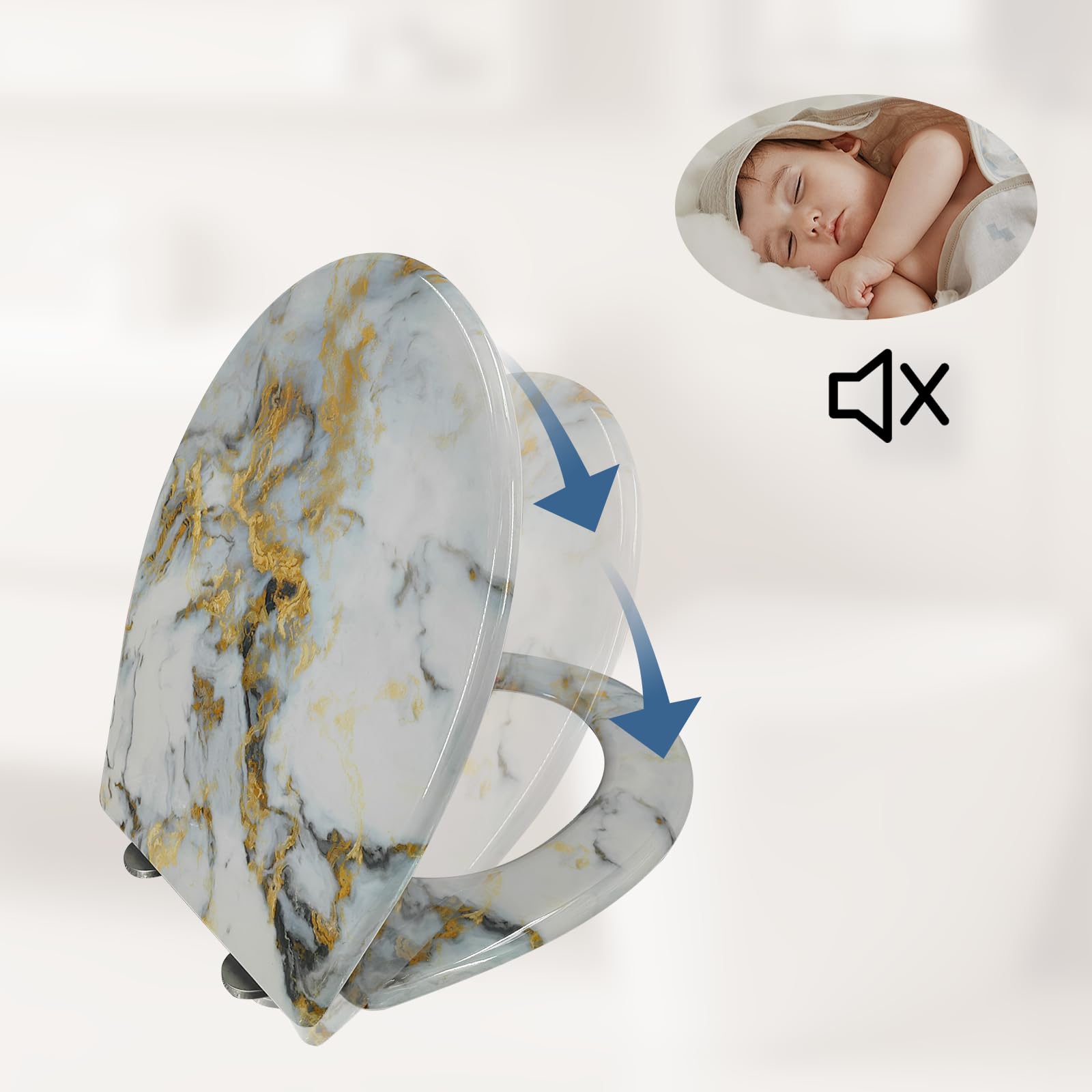 Tapa de inodoro con dispositivo de descenso automático, forma ovalada, fácil limpieza, asiento de inodoro extraíble, soporta 150 kg, fácil montaje, diseño: mármol blanco