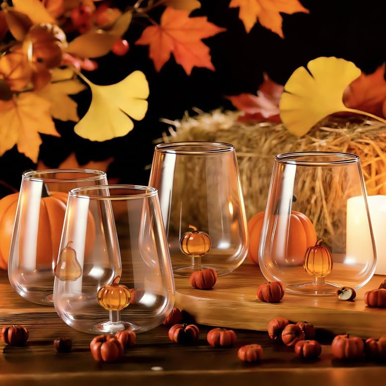 Whaline 4Pcs Fall Pumpkin Stemless Wine Glass Hand Blown 3D Pumpkin Gourd Clear Drinking Glasses for Autumn Thanksgiving Halloween Dinner Party Favors Supplies