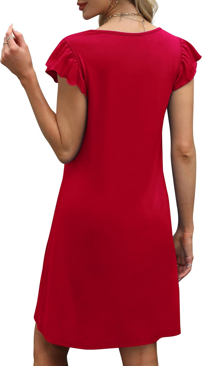 OFEEFAN Womens Summer Dresses 2026 Ruffle Sleeve V Neck Loose Swing Sundresses with Pockets Plain/Print - Image 5