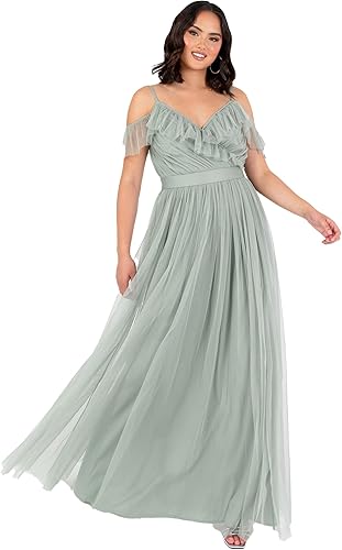 Anaya with Love Women's Maxi Dress Ladies Sleeveless V-Neck Cold Shoulder Tulle 