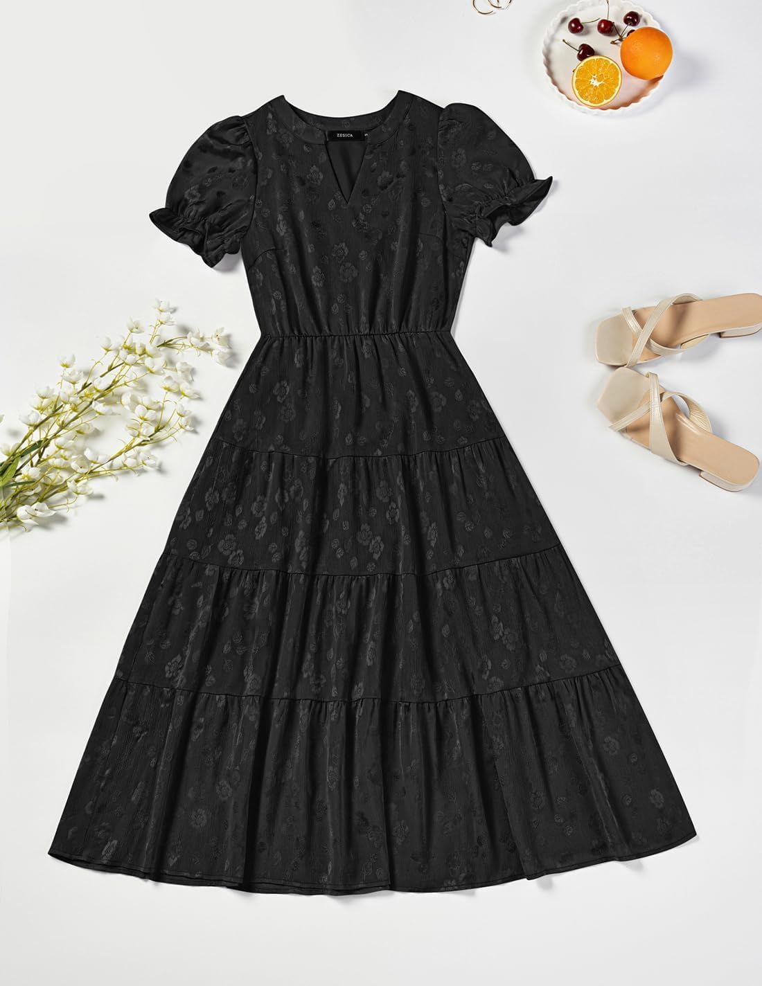 ZESICA Womens 2026 Summer Puff Short Sleeve Midi Dress Floral V Neck Textured Ruffle Flowy Beach Party Dresses - Image 8