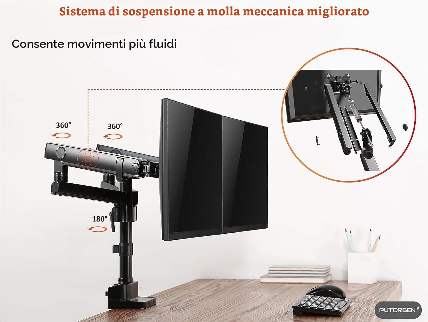 Supporto per monitor PUTORSEN 2 monitor per schermi da 17 a 35 pollici - Supporto da tavolo per monitor con molla a gas in alluminio, fino a 12 kg per braccio, VESA 75/100 mm