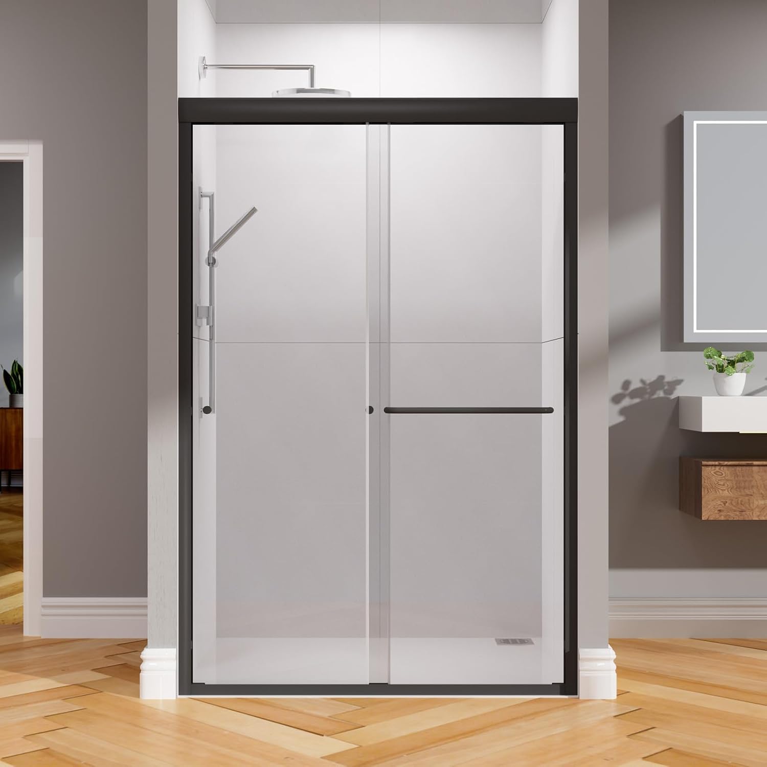 Double Sliding Shower Door 44-48x72 Inch Semi-Frameless Bypass, 6mm Clear Tempered Glass, Reversible Matte Black Bathroom Door