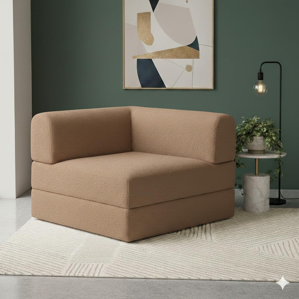 PUM PUM Premium Bouclé Fabric Sofa Cum Bed | Foldable Floor Sofa with Backrest | Convertible Single Bed | Space-Saving Furniture for Living Room & Bedroom,Beige-picture-10