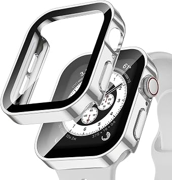 Glass+Cover for Apple Watch case 45mm 41mm Accessories 44mm 40mm Tempered Screen Protector Protective iWatch Series 7 8 SE 6 5 4 Color Silver, Size 45mm Series 7 8