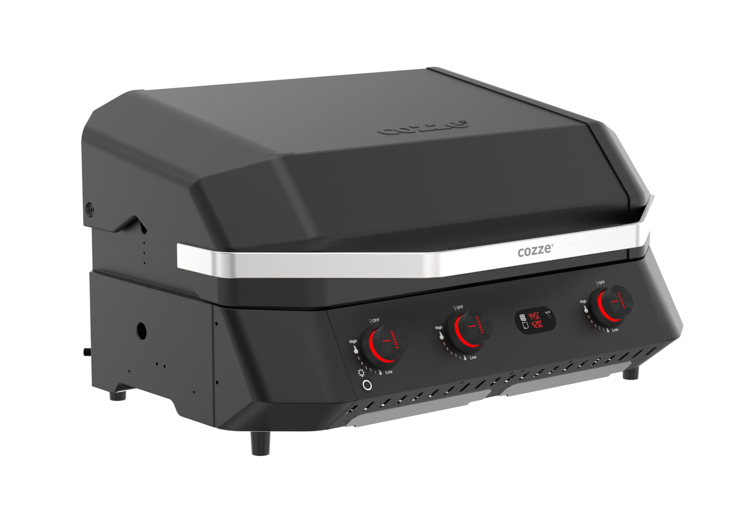 Cozze G-800 Combo Plancha-Grill a Gas 30 mbar, 3 Bruciatori 9,5 kW, Griglia + Piastra in Ghisa Smaltata, 2 Termometri Digitali, per Cucina Outdoor
