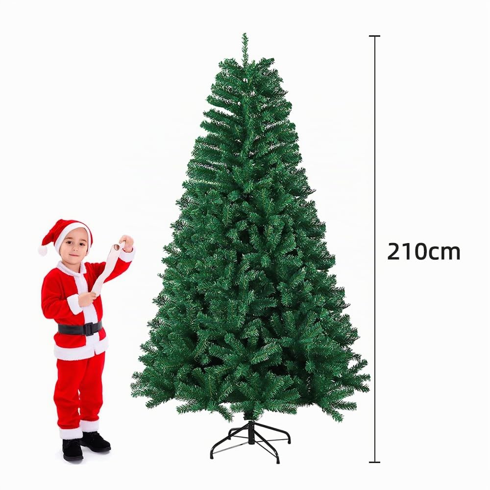OHMG Sapin de Noël Artificiel 210cm, Arbre de Noel avec 1100 Pointes de Branche en Forme d’Aiguilles de pin, avec Effet Neige de Noël Vert Décoration Fêtes de Noël PVC, Noel