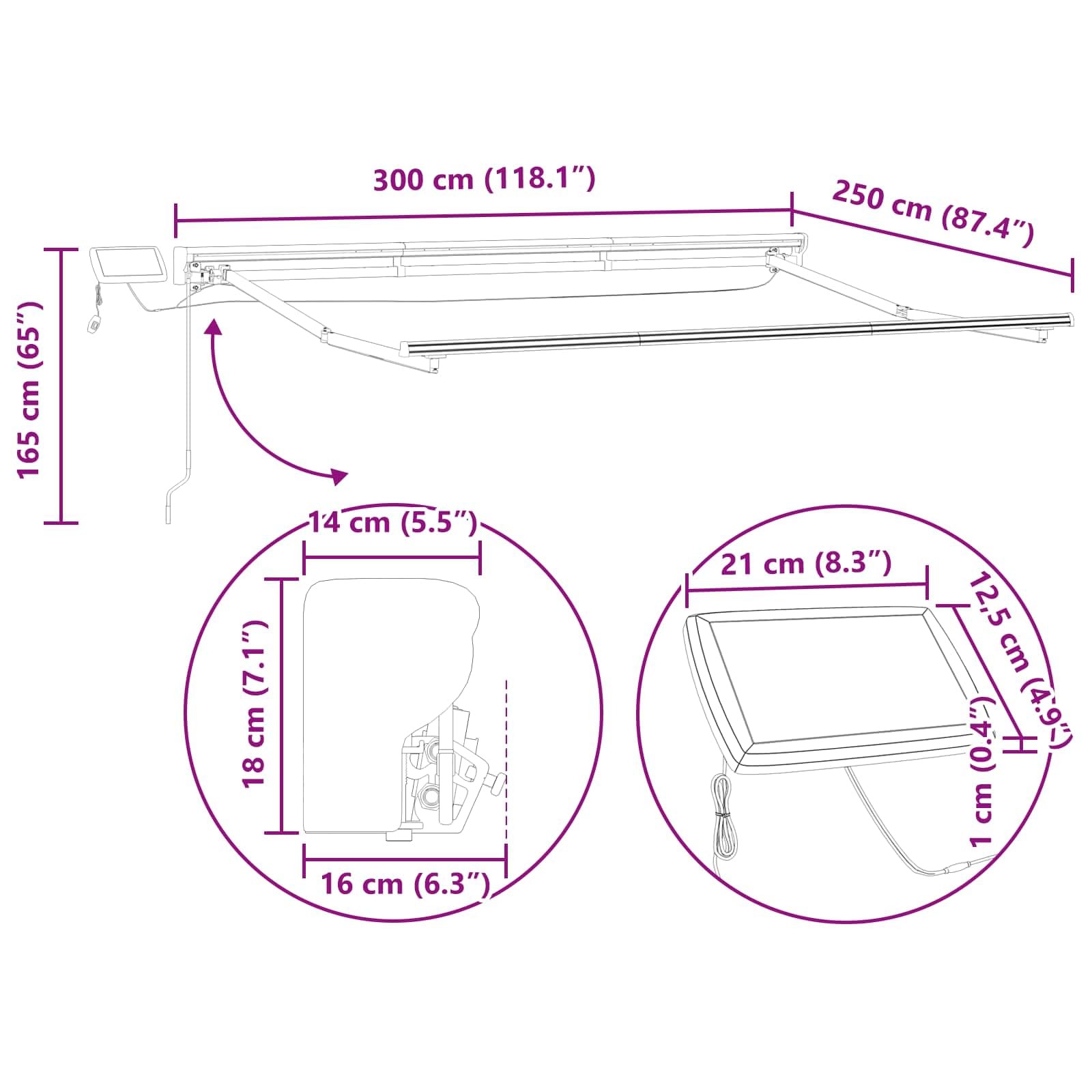 Ręczna rama markizy, antracytowa, biała, 3 x 2,5 m, z oświetleniem LED, odporna na warunki atmosferyczne markiza kasetowa na taras i do ogrodu, ochrona przed promieniowaniem UV i deszczem