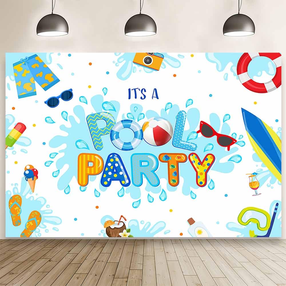 MEHOFOND 7x5ft Pool Party Backdrop Splish Splash Pool Party Photography Background Blue Summer Beach Balls Boys Pool Party Decor Tropical Swim Ring