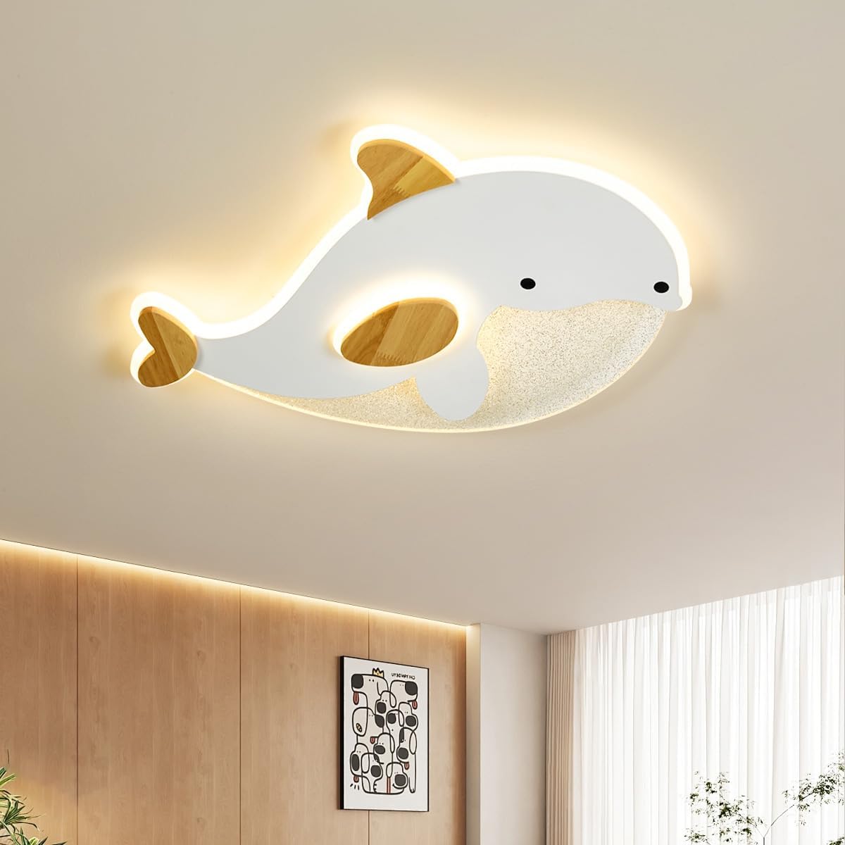Lampara Techo Dormitorio Infantil,Forma DelfíN Plafon Led Techo Grano Blanco Y De Madera,Dimmable Con Control,28W Plafones Para Techo Led Para Cocina Decoracion Habitacion,50 * 34Cm