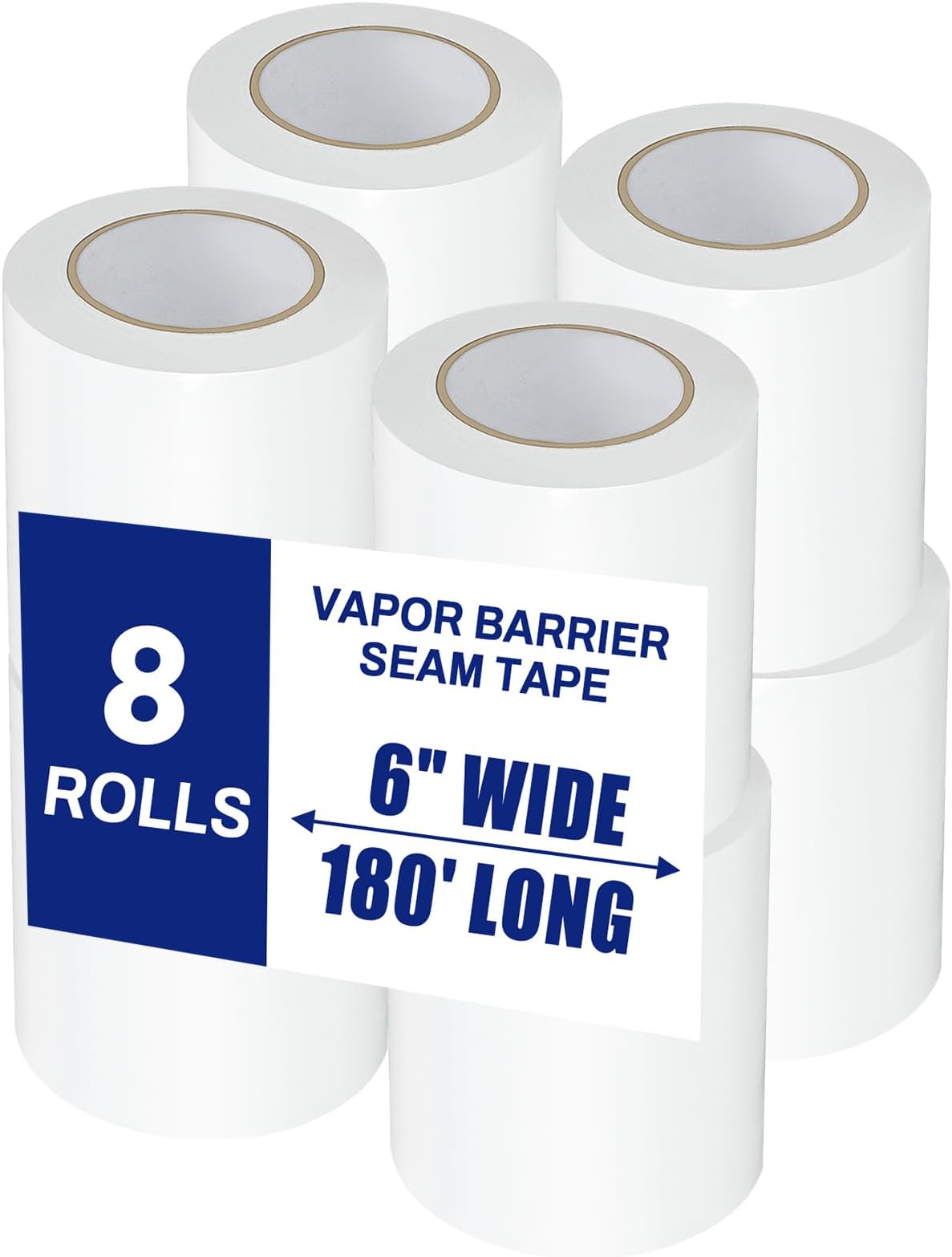 Bghdas 8 Roll, White Vapor Barrier Tape, 6" Wide x 180' Long, PE 9 mm Polyethylene Tape, for Crawlspaces, Underlayment Seams, Metal Building Seams, Excellent Air Barrier, Insulation Repairs