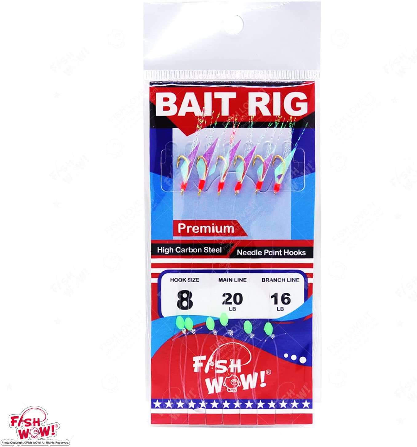 20pks Fish WOW! Size 8 Fishing Bait Rigs Premium Quality Bait Six Gold High Carbon Steel Hooks Piscatore Lure w/Red Head, Luminous Beads and Ball Barrel Bearing Swivel Interlock snap connectors