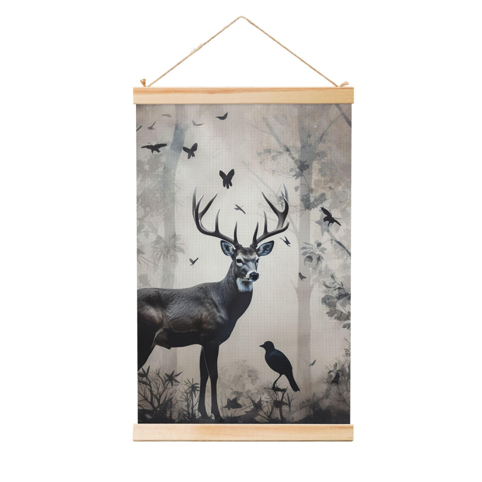 Hunting Silhouette of Deer Posters Wooden Shaft Hanging Poster Canvas Prints Scroll Wall Art Painting Vintage Wall Banner Modern Artwork Decor for Home Decor Ready to Hang 16"x24"