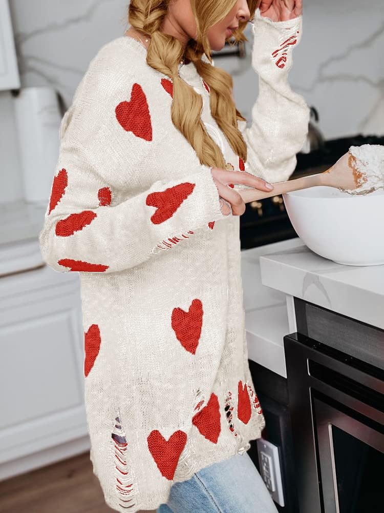 Tutorutor Womens Cute Love Heart Print Sweaters Oversized Off The Shoulder Loose Knitted Valentine Pullover Blouse Top - Image 4