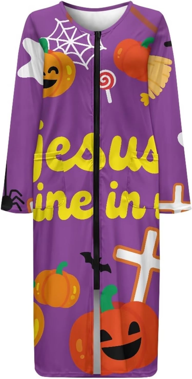 Halloween Women Long Robes Zipper Front Lightweight Nightgown with Pockets Comfy Loungewear Plus Size S-4XL