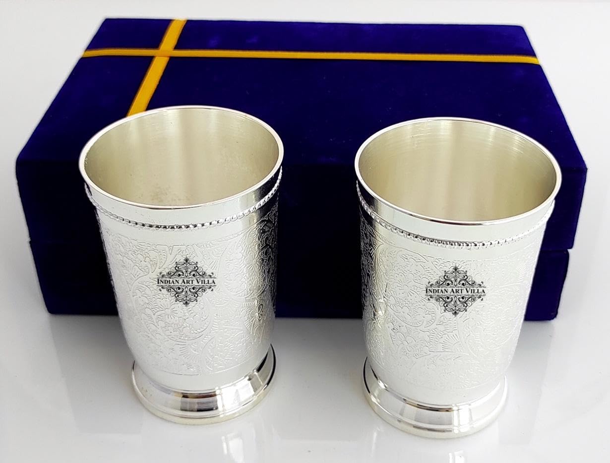Indian Art Villa Silver Plated Designer Glass Set of 2 with Blue Box, Embossed Design, Serveware and Drinkware, Best for birthday, anniversary and festivals, Volume- 9 Oz
