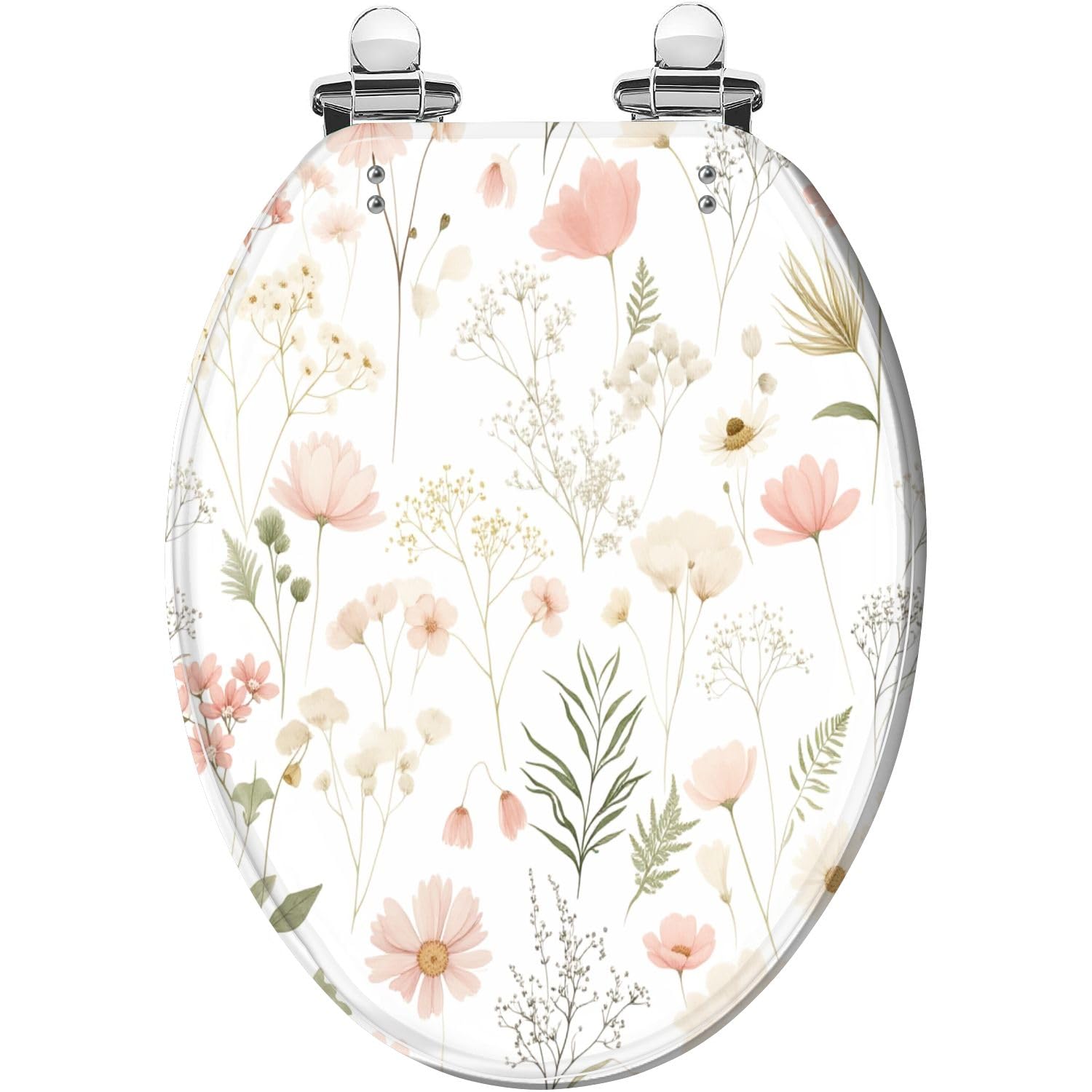 Asiento de inodoro alargado floral de resina blanca y rosa con tapa