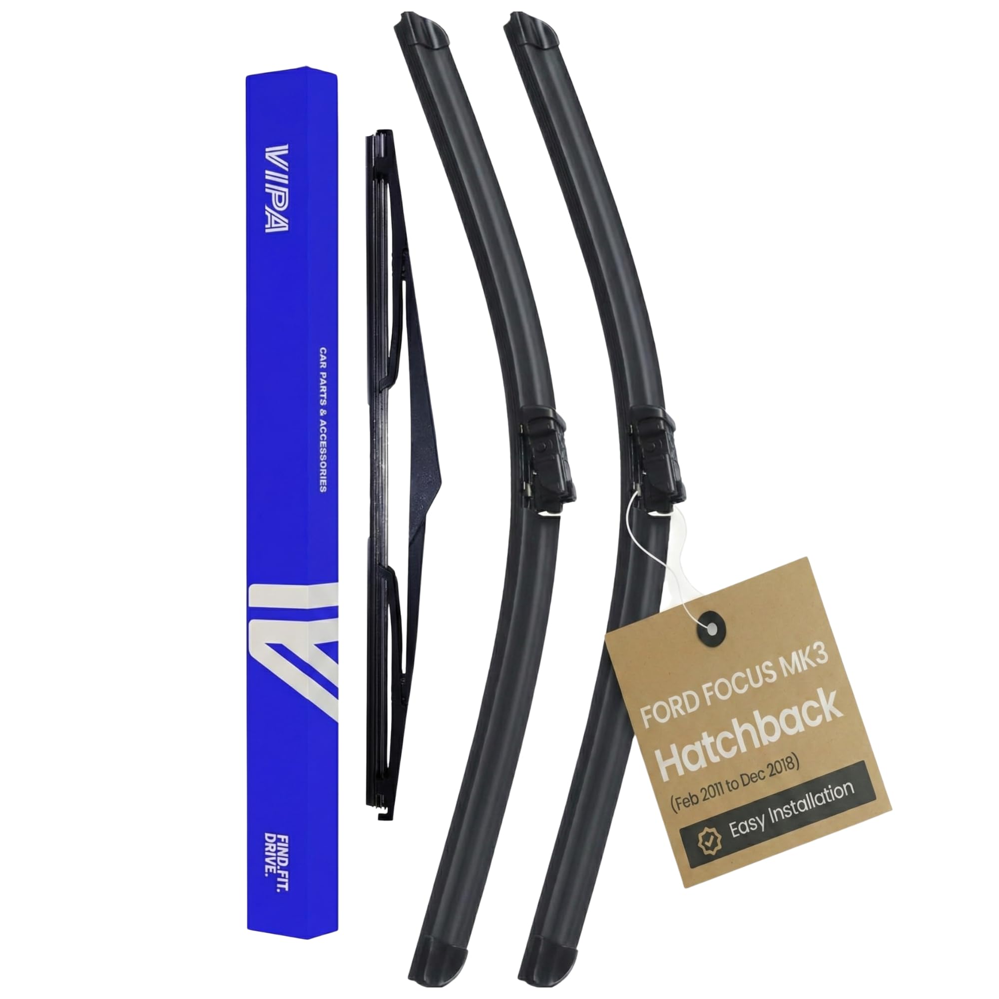 Vipa Car Parts Premium Wiper Blade Set | fits: FORD FOCUS MK3 Hatchback (Feb 2011 to Dec 2018) | All-Weather Performance | Durable, Streak-Free Windshield Wipers | Easy Installation