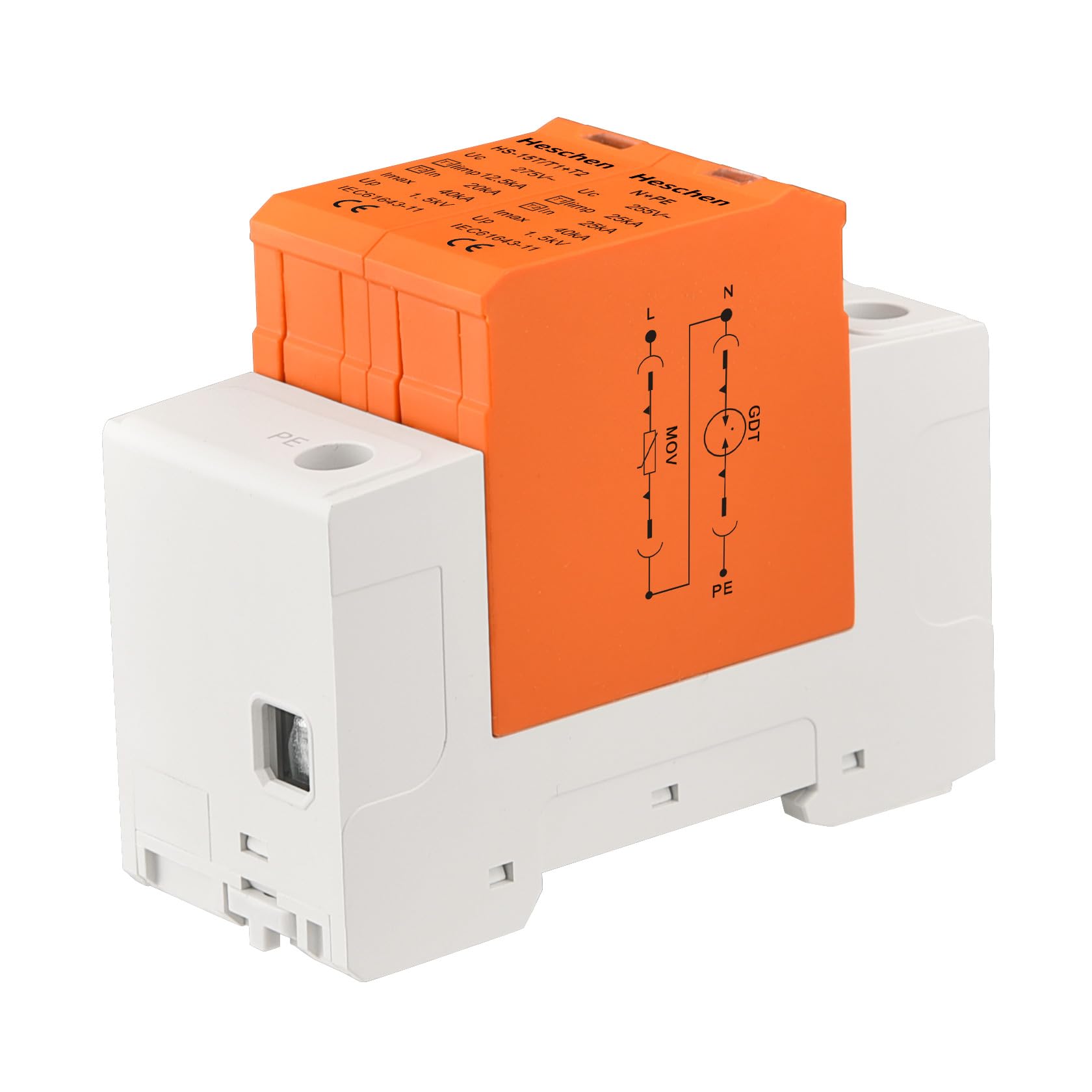 Heschen Dispositivo de protección contra sobretensiones SPD, HS-15T Descargador combinado tipo T1+T2, 1+N-PE 275 V AC, 40 kA, ignífugo, montaje en carril DIN de 35 mm, CE