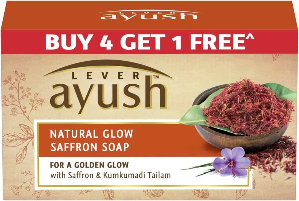 Lever Ayush Natural Fairness Saffron Soap, 100 g each (Buy 4 Get 1)