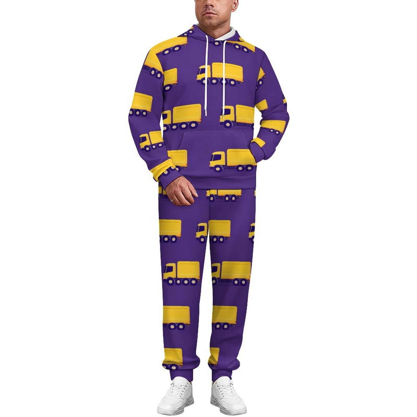 Giallo Truck Pattern Tute per gli Uomini Manica Lunga Felpa Con Cappuccio E Pantaloni Della Tuta Joggers Set Moda Tute