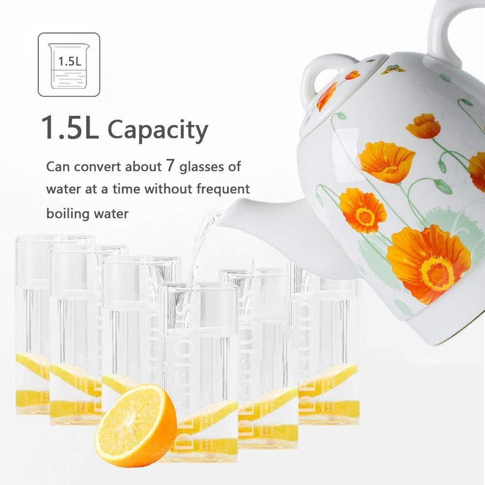 Kettles Hervidor eléctrico de cerámica, tetera inalámbrica de 1,5 litros, apagado automático y protección contra ebullición en seco, 1350 W rápido Present