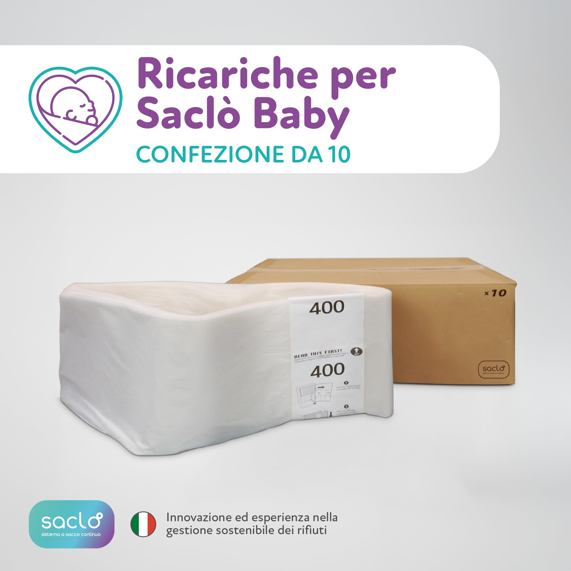 Ricarica Baby per Cesto Saclò Suite, Sacco Continuo 30 Metri, Confezione da 10 Pezzi, Plastica 100% Biodegradabile, Extra Durata