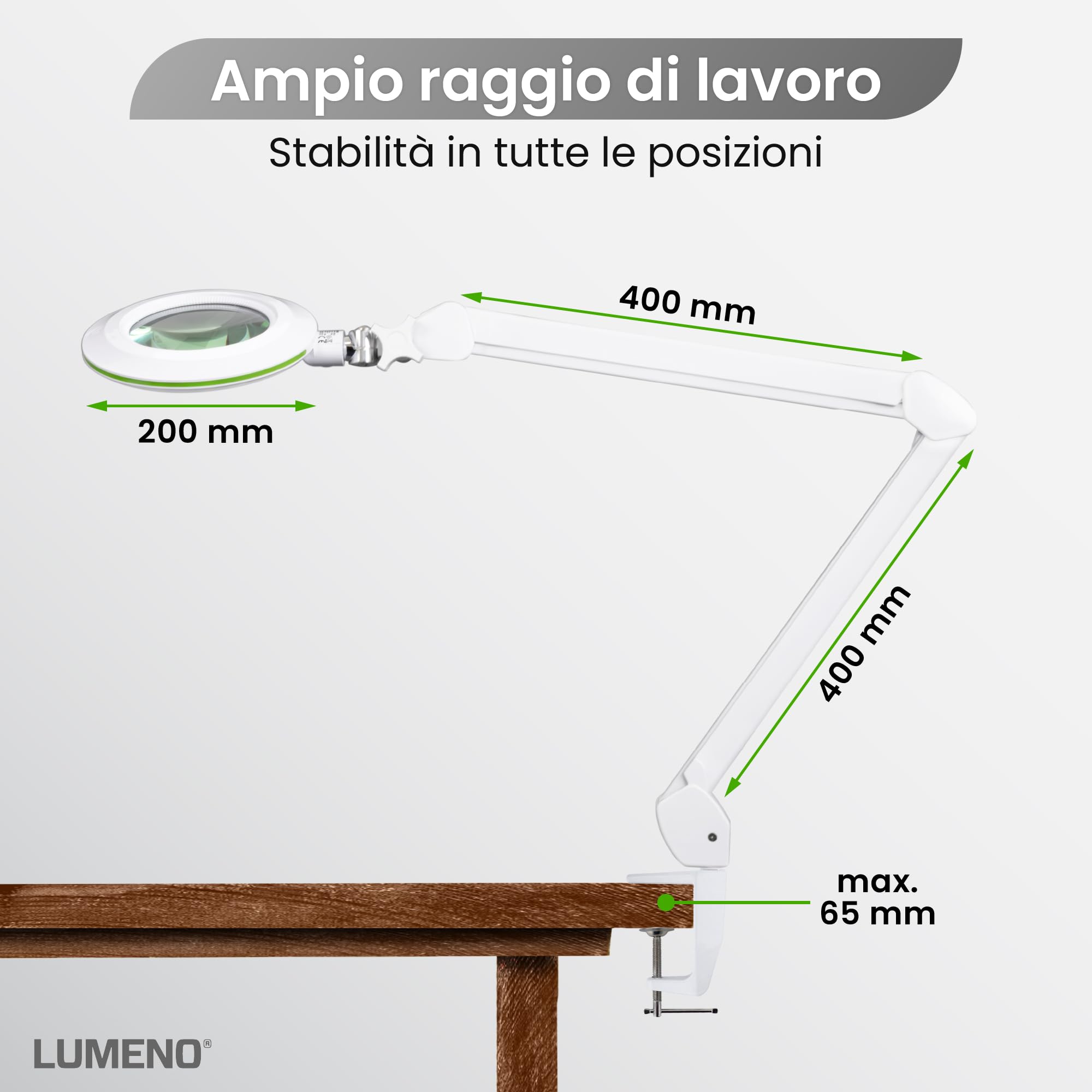 Lampada d'ingrandimento Lumeno Lambda M, dimmerabile con lente in vetro cristallino da 127 mm, ideale per saloni di bellezza, studi medici, hobbisti, ausili per la lettura, Verde 5 diottrie