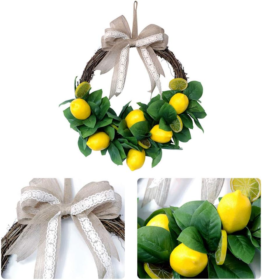 15.7inch Spring Fruit Wreath Front Door Wreath Artificial Yellow Lemon Wreath for Home Garden Front Door Indoor Wall Decorations