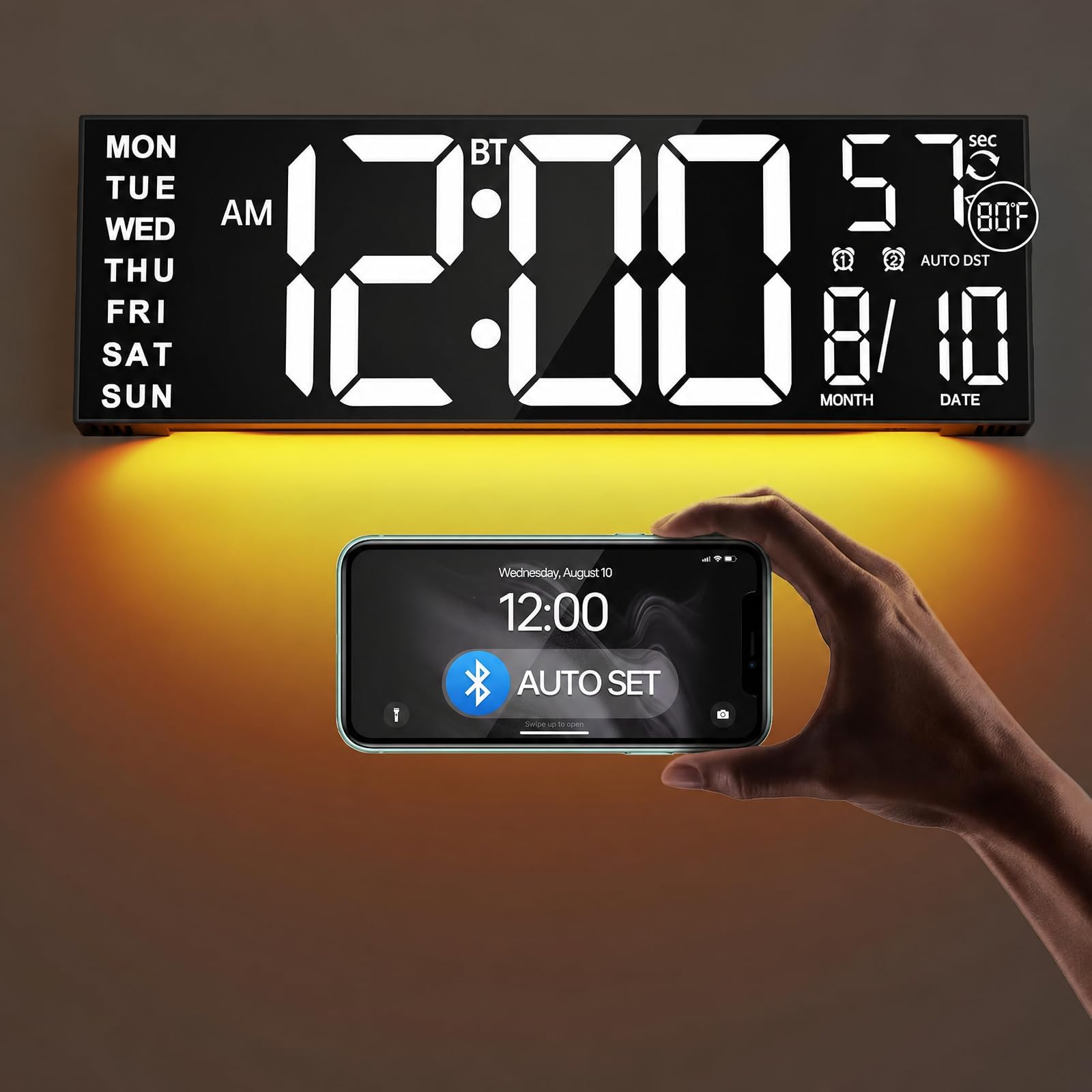 JALL 16.2" Large Digital Wall Clock with Bluetooth Sync, RGB Digital Clock Large Display with Auto DST, Wall Clock for Classroom Bedroom Gym Office, Led Clock for Seniors (White)