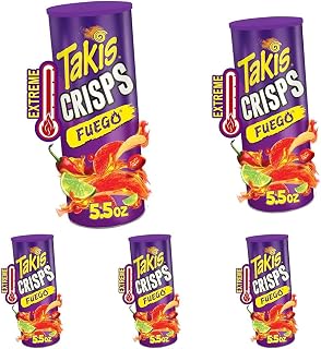 Takis Fuego Crisps - Hot Chili Pepper & Lime Flavored Extreme Spicy Potato Crisps Sharing Size Can (Pack of 5)